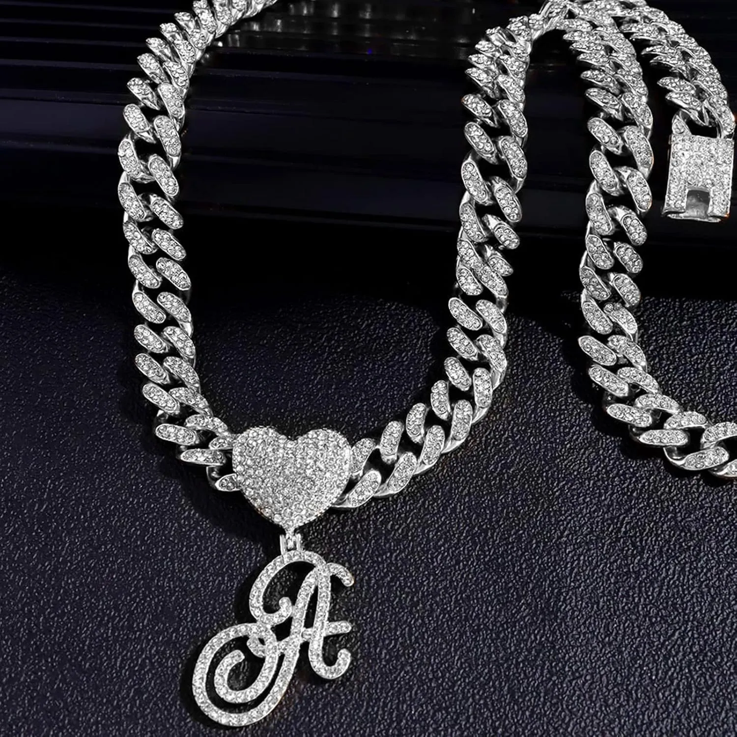 Cursive Silver Initial Pendant Necklaces Alphabet Pendant Miami Cuban Link Chain Necklace for women Hip Hop Iced Out Letter Chain with Pendant Jewelry 