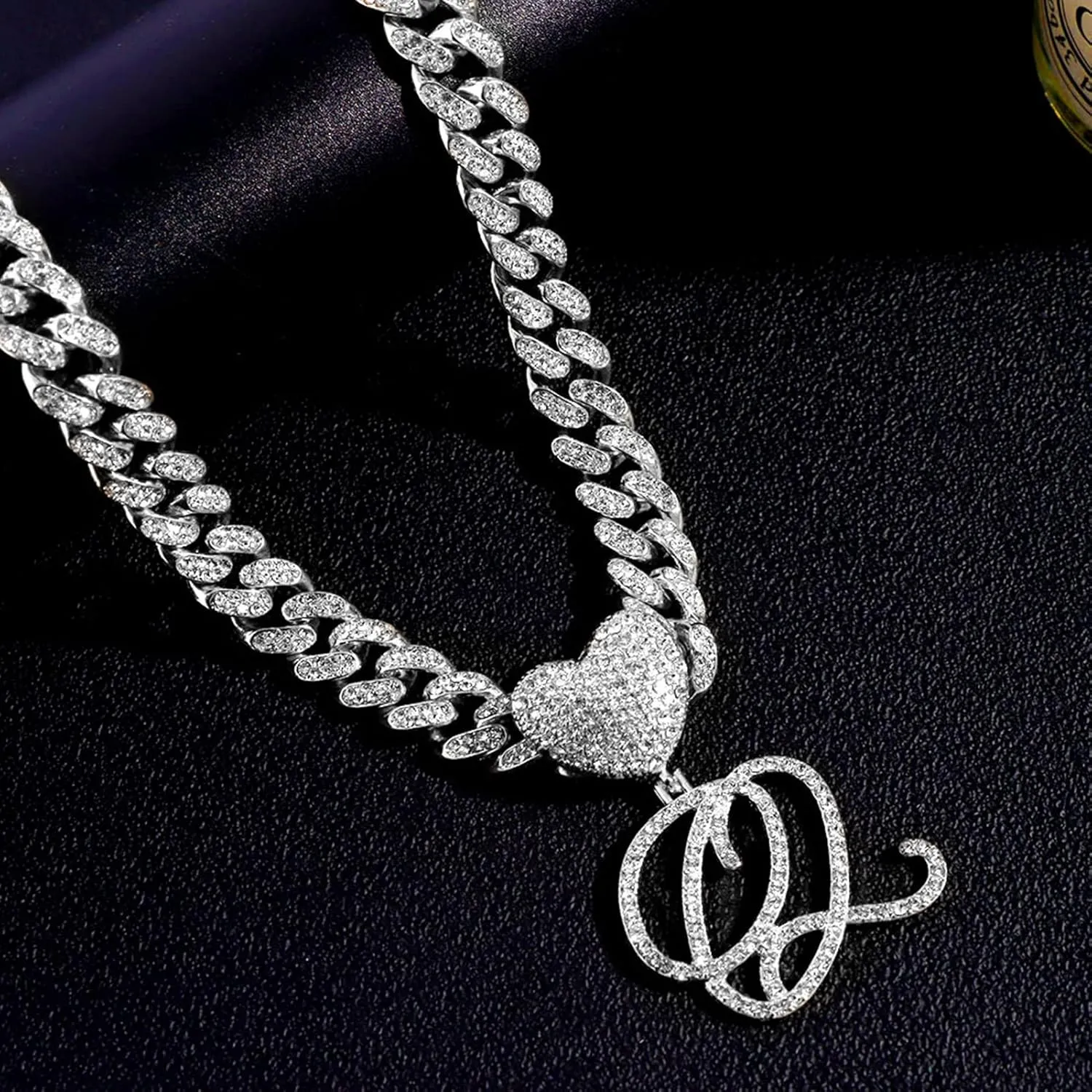 Cursive Silver Initial Pendant Necklaces Alphabet Pendant Miami Cuban Link Chain Necklace for women Hip Hop Iced Out Letter Chain with Pendant Jewelry 