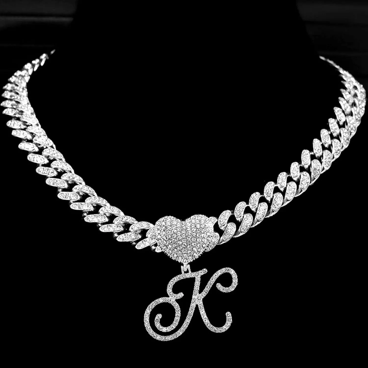 Cursive Silver Initial Pendant Necklaces Alphabet Pendant Miami Cuban Link Chain Necklace for women Hip Hop Iced Out Letter Chain with Pendant Jewelry 