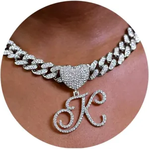 Cursive Silver Initial Pendant Necklaces Alphabet Pendant Miami Cuban Link Chain Necklace for women Hip Hop Iced Out Letter Chain with Pendant Jewelry 