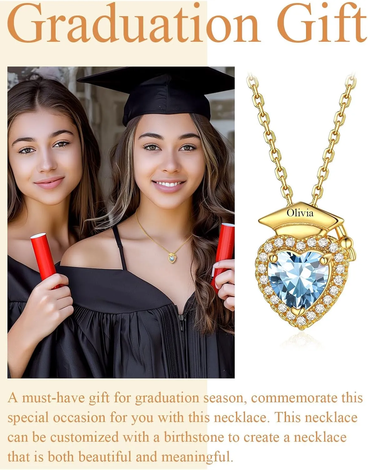 Custom4U Personalized Graduation Necklace - Custom Name Necklaces for Women 14K Gold Plated Heart Pendant with Birthstone Graduation Jewelry Class of 2025 Gifts for College High School