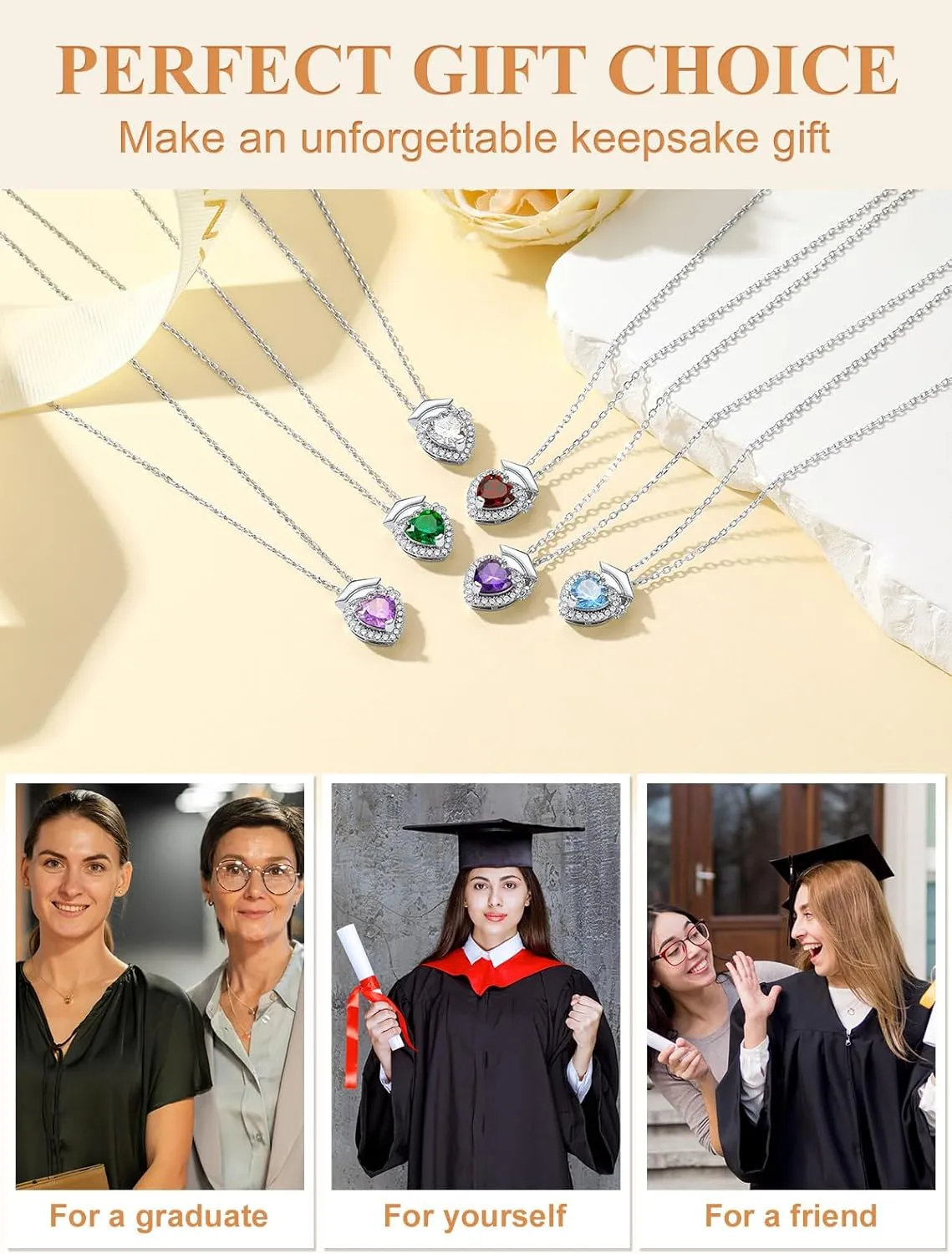 Custom4U Personalized Graduation Necklace - Custom Name Necklaces for Women 14K Gold Plated Heart Pendant with Birthstone Graduation Jewelry Class of 2025 Gifts for College High School