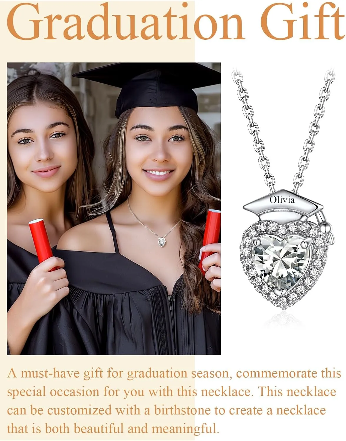 Custom4U Personalized Graduation Necklace - Custom Name Necklaces for Women 14K Gold Plated Heart Pendant with Birthstone Graduation Jewelry Class of 2025 Gifts for College High School