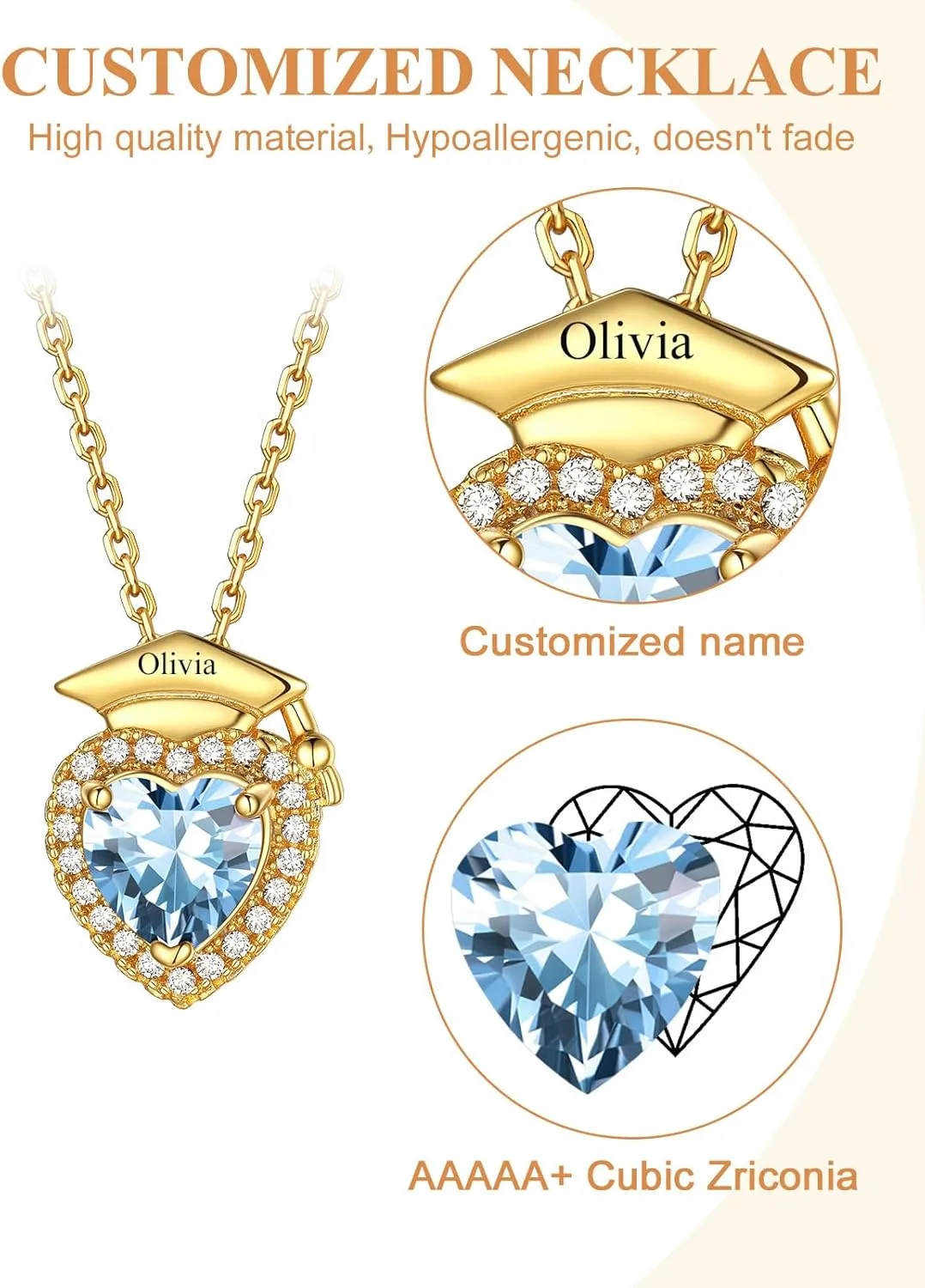 Custom4U Personalized Graduation Necklace - Custom Name Necklaces for Women 14K Gold Plated Heart Pendant with Birthstone Graduation Jewelry Class of 2025 Gifts for College High School