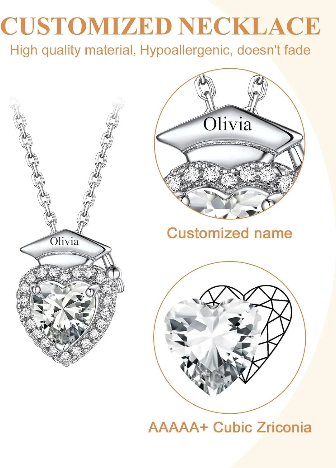 Custom4U Personalized Graduation Necklace - Custom Name Necklaces for Women 14K Gold Plated Heart Pendant with Birthstone Graduation Jewelry Class of 2025 Gifts for College High School
