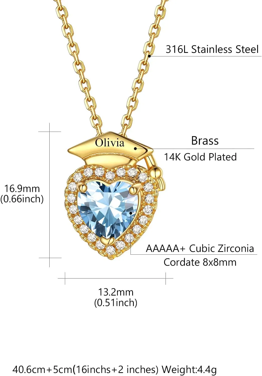Custom4U Personalized Graduation Necklace - Custom Name Necklaces for Women 14K Gold Plated Heart Pendant with Birthstone Graduation Jewelry Class of 2025 Gifts for College High School