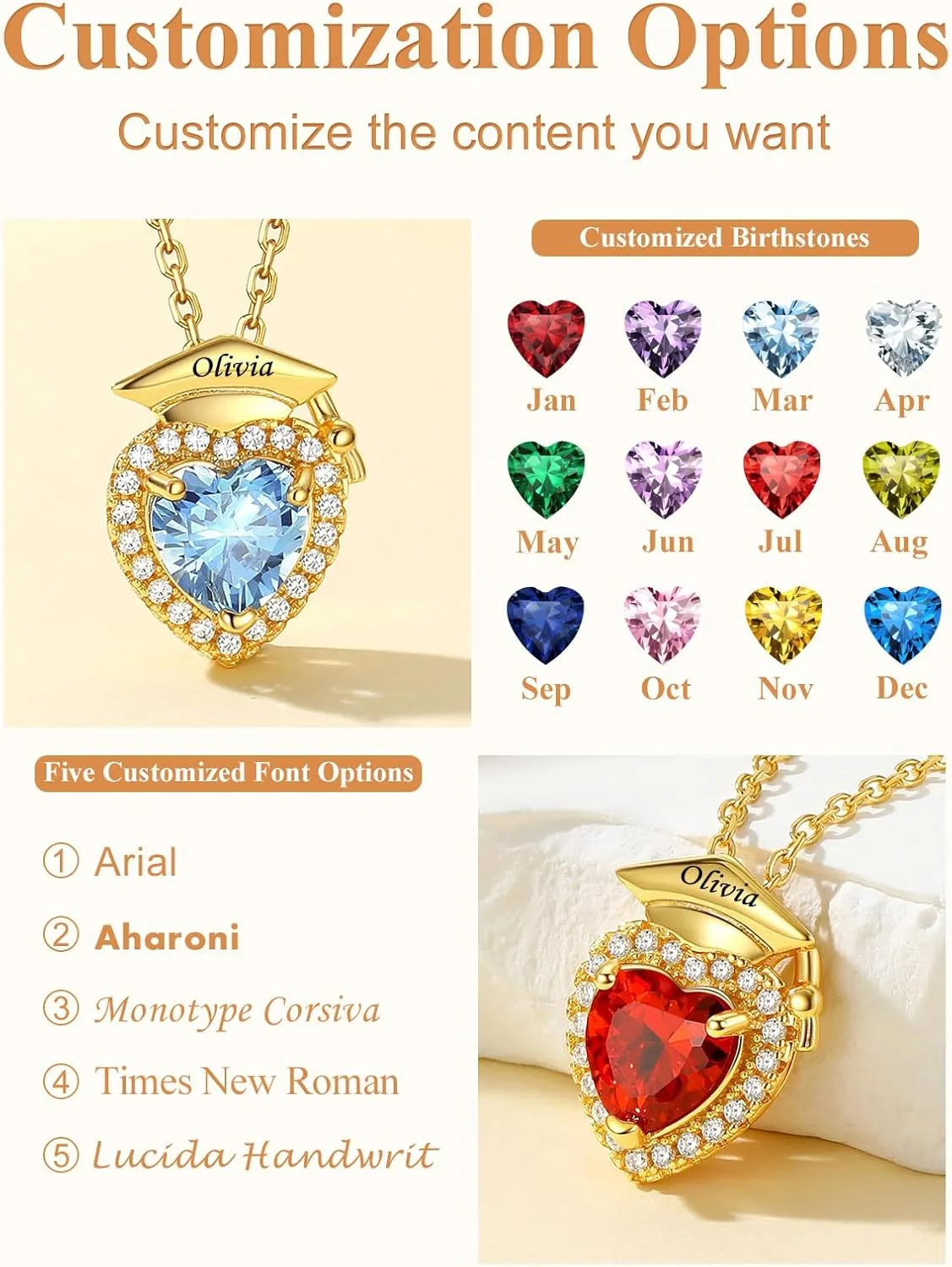Custom4U Personalized Graduation Necklace - Custom Name Necklaces for Women 14K Gold Plated Heart Pendant with Birthstone Graduation Jewelry Class of 2025 Gifts for College High School