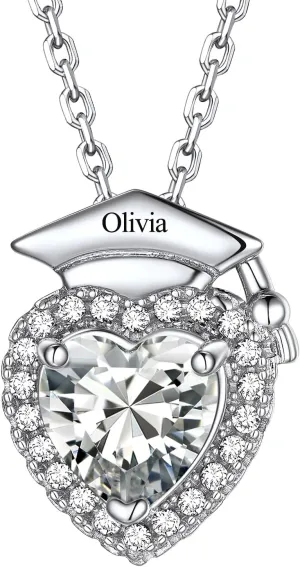 Custom4U Personalized Graduation Necklace - Custom Name Necklaces for Women 14K Gold Plated Heart Pendant with Birthstone Graduation Jewelry Class of 2025 Gifts for College High School