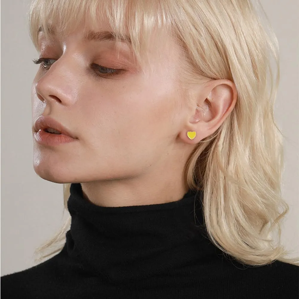 Cute Colorful Heart Cartilage Small Stud Earrings for Women Little Dainty Enamel Sterling Silver Post Gold Plated Hearted Love Tiny Studs Hypoallergenic Fashion Jewelry Gift Her Daughter