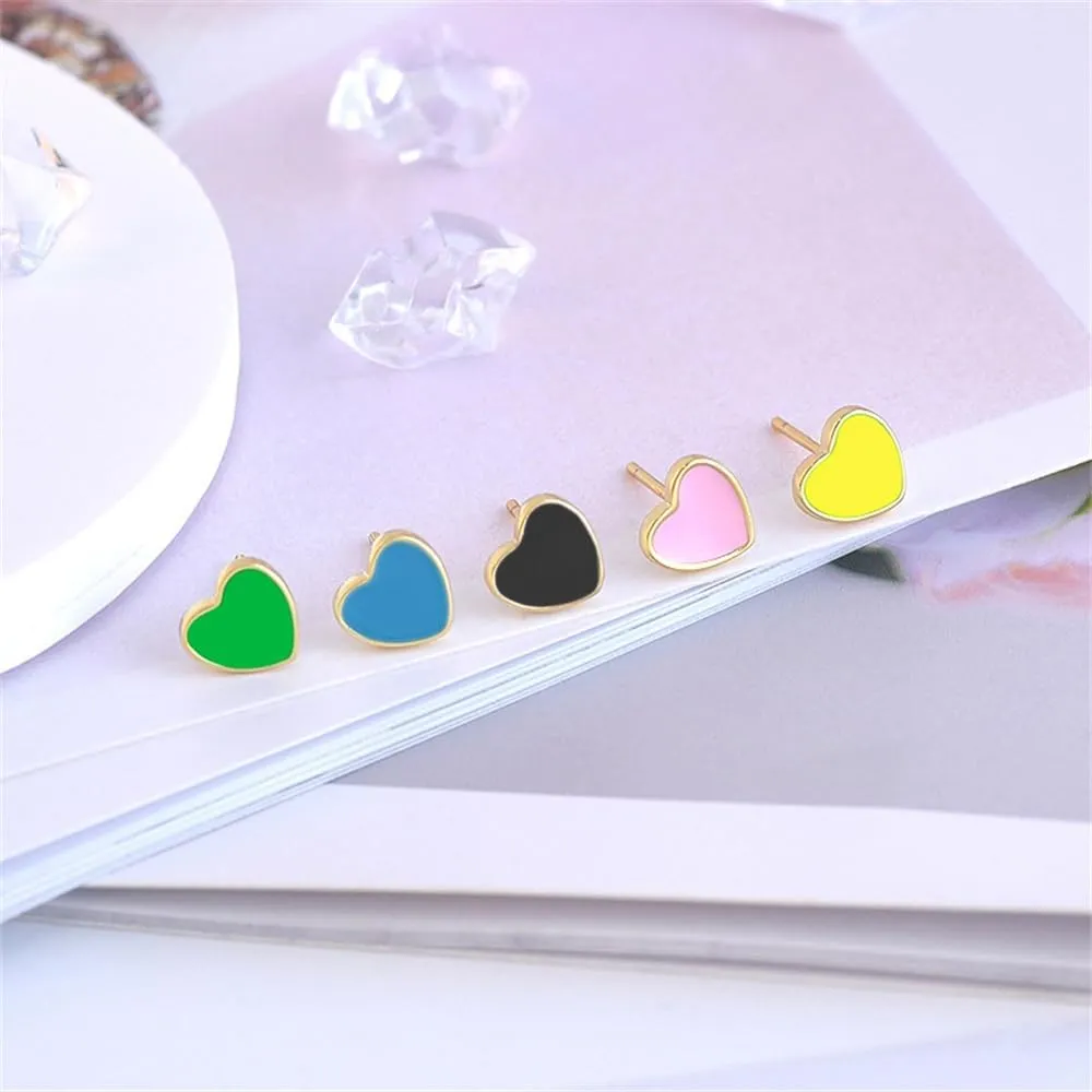 Cute Colorful Heart Cartilage Small Stud Earrings for Women Little Dainty Enamel Sterling Silver Post Gold Plated Hearted Love Tiny Studs Hypoallergenic Fashion Jewelry Gift Her Daughter