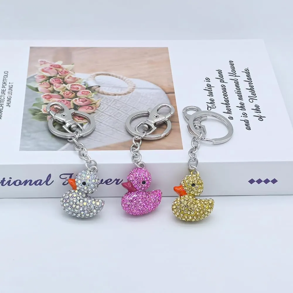 Cute Crystal Rhinestone Animal Duck Car Key Chain Ring Charm Sparkling Duck Keychain Pendant For Women Girls Purse