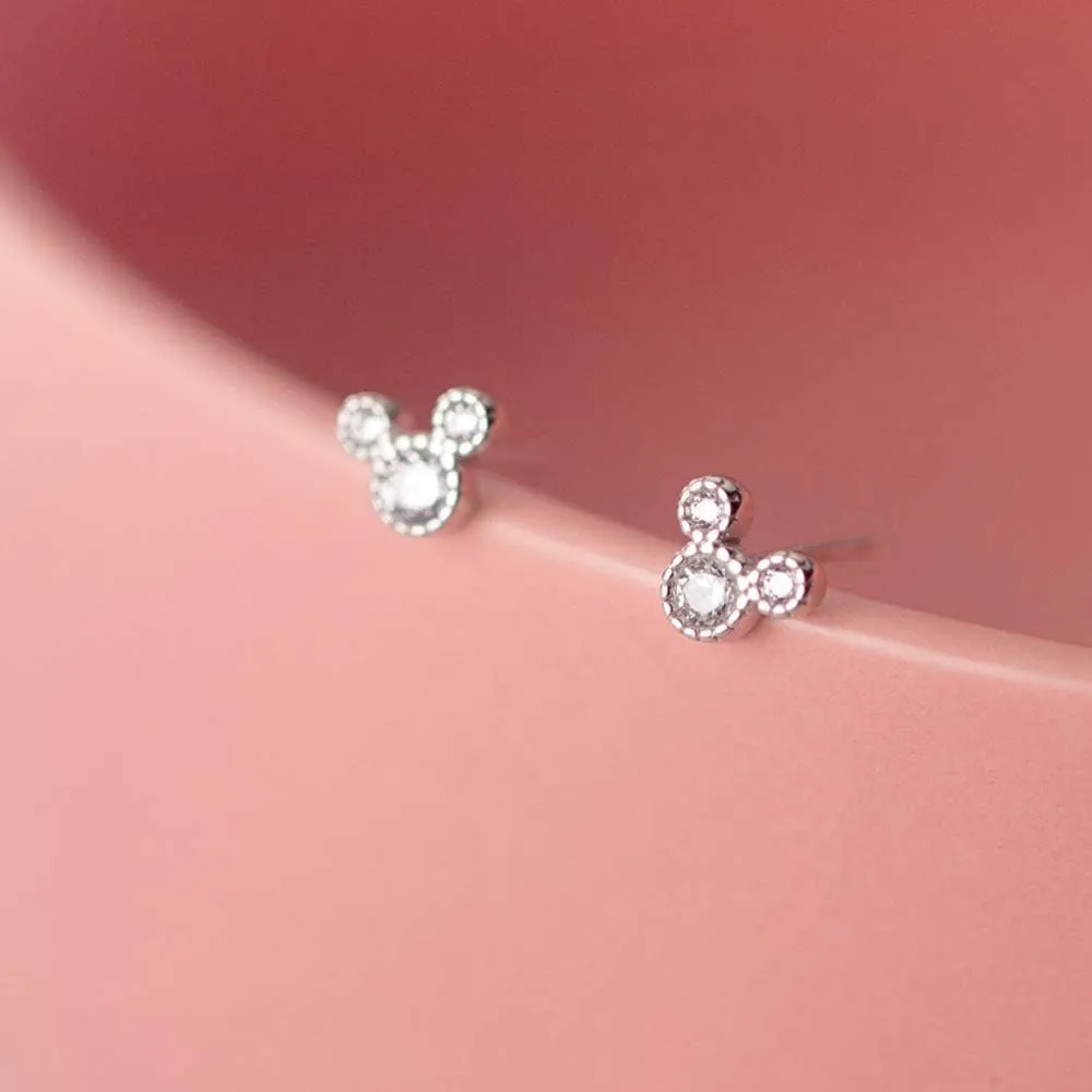 Cute Mini Mouse Stud Earrings S925 Sterling Silver for Women Girls Dainty CZ Crystal Diamond Tiny Statement Cartilage Tragus Earring Delicate Jewelry Hypoallergenic