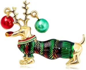 Cute Santa Dog Animal Brooch Pin for Women Girls Gold Plated Fashion Enameled Red Green Ball Dachshund Sausage Dog Brooches Lapel Pins Delicate Christmas Holiday Festival Ornament Jewelry Gifts for Daughter Niece