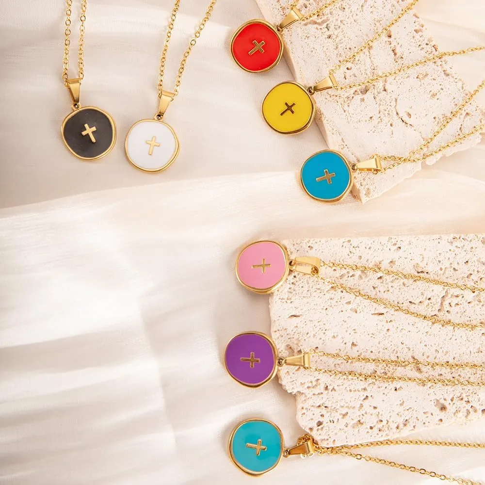 Cute Small Cross Necklace Colorful Enamel Cross Pendant Necklace Tiny Enamel Cross Charms Religious Jewelry