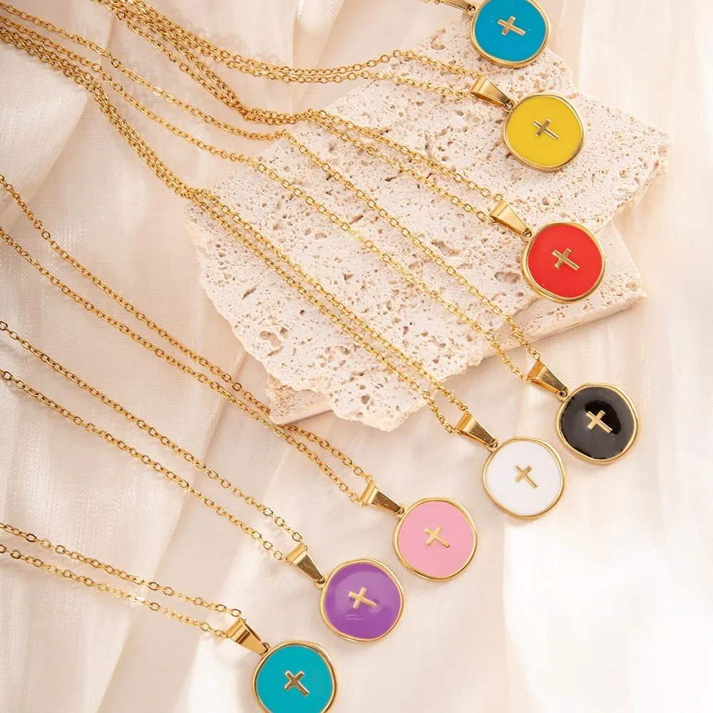 Cute Small Cross Necklace Colorful Enamel Cross Pendant Necklace Tiny Enamel Cross Charms Religious Jewelry