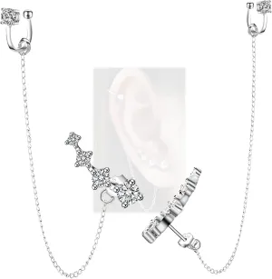 CZ 925 Sterling Silver 14K Gold Plated Ear Crawler Hypoallergenic 4 Crystals Stud Earring with Chain Threader Earrings for Women