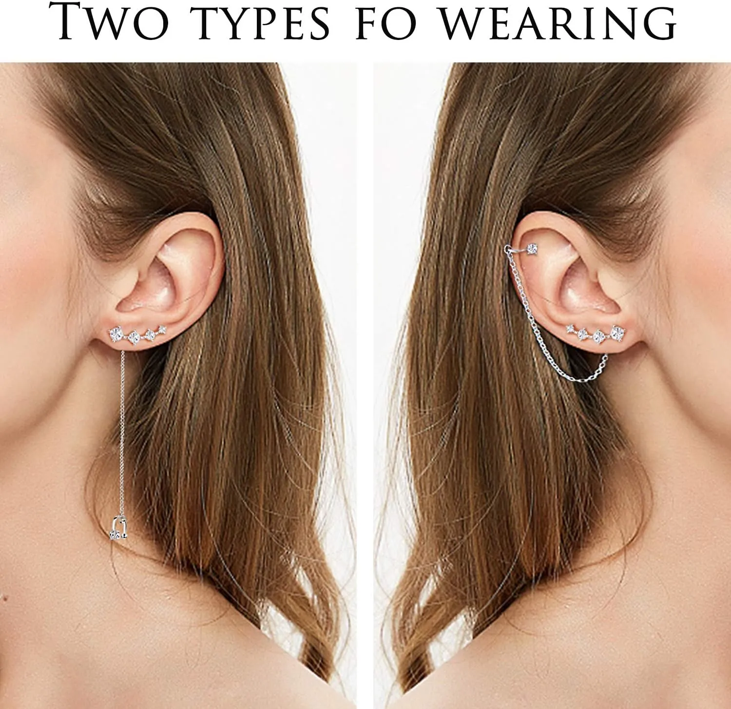 CZ 925 Sterling Silver 14K Gold Plated Ear Crawler Hypoallergenic 4 Crystals Stud Earring with Chain Threader Earrings for Women