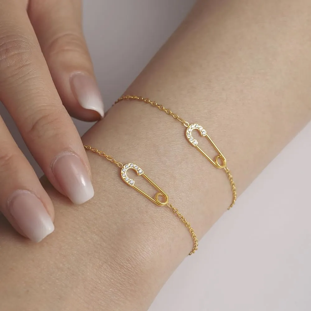 CZ Crystal Safety Pin Bracelet for Women Trendy Cubic Zirconia Gold Plated Stainless Steel Simple Love Classic Paper Clip Link Chain Bracelets Friendship Minimalist Jewelry Best Friends Girlfriend