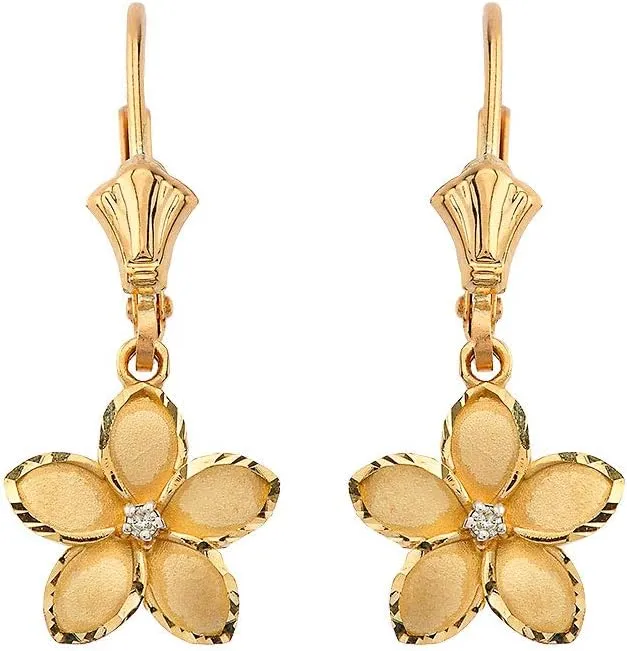 Dainty 14k Yellow Gold Hawaiian Flower Plumeria Diamond Dangle Earrings (1.0")