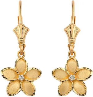 Dainty 14k Yellow Gold Hawaiian Flower Plumeria Diamond Dangle Earrings (1.0")