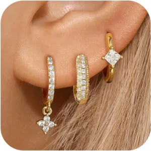 Dainty Hoop Earrings Set for Women, Gold Navy Blue | Shiny CZ Hoop Stud Earrings Set, 14K Gold Plated Jewelry Hypoallergenic Lightweight Trendy 2025