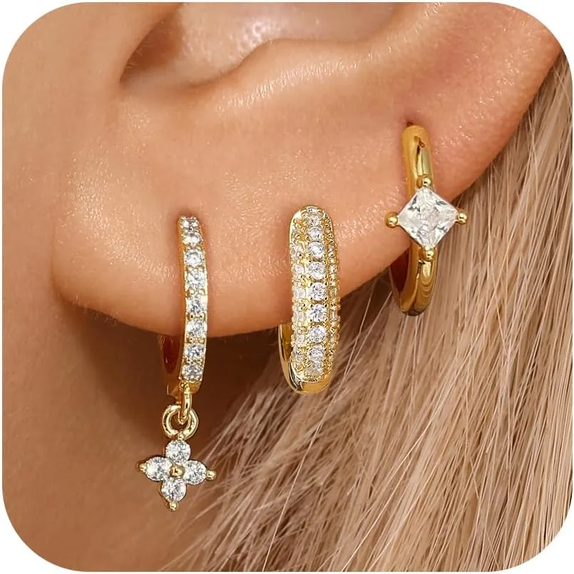 Dainty Hoop Earrings Set for Women, Gold Navy Blue | Shiny CZ Hoop Stud Earrings Set, 14K Gold Plated Jewelry Hypoallergenic Lightweight Trendy 2025