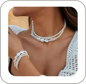 Dainty Pearl Jewelry Set for Women Faux Pearl Necklace Bracelet Set Multi-layer Pearl Necklace Bracelet White Wrist Bracelets for Wedding Birthday Party Gift