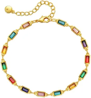 Dainty Rectangular Colorful Rhinestones Glass Chain Link Bracelet for Women Gold Minimalist Handmade Geometric Multicolor Rainbow Diamond Adjustable Bracelets Trendy Jewelry for Her