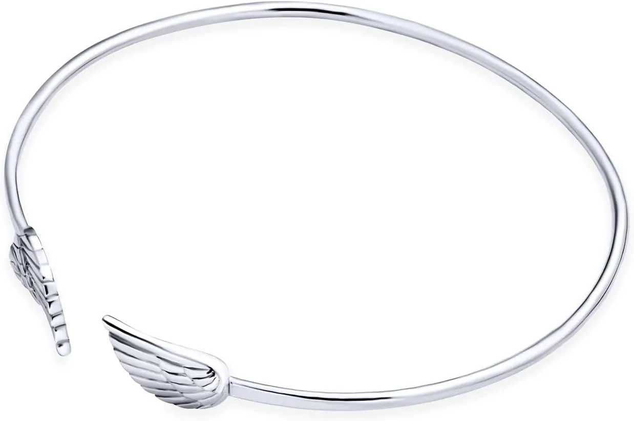 Dainty Religious Minimalist Thin Guardian Angel Wing Feather Bangle Cuff Bracelet Jewelry Set For Women Teen .925 Sterling Silver