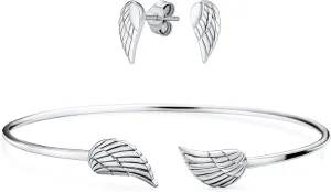 Dainty Religious Minimalist Thin Guardian Angel Wing Feather Bangle Cuff Bracelet Jewelry Set For Women Teen .925 Sterling Silver