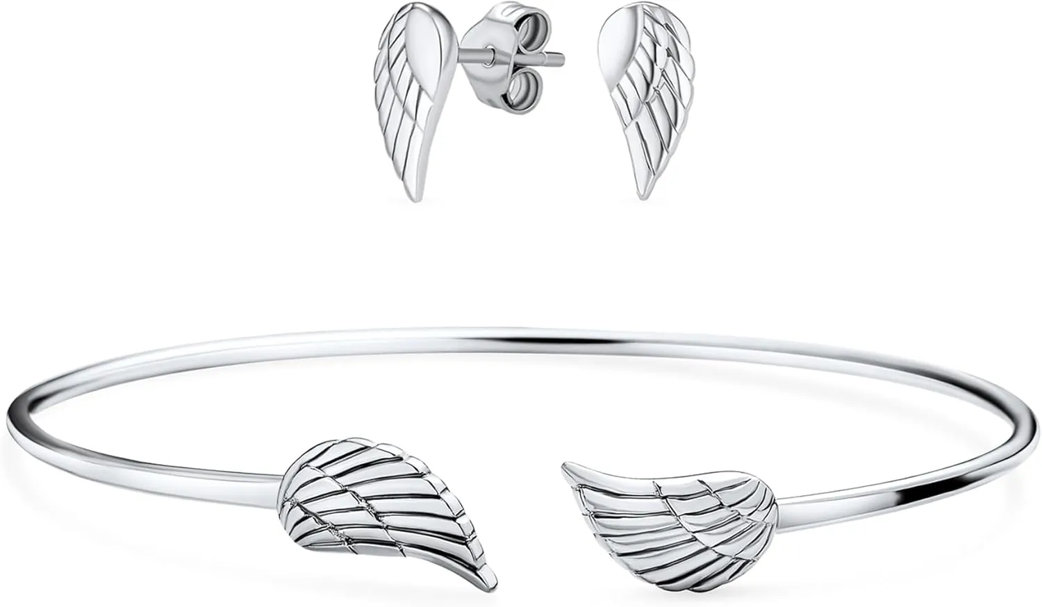 Dainty Religious Minimalist Thin Guardian Angel Wing Feather Bangle Cuff Bracelet Jewelry Set For Women Teen .925 Sterling Silver