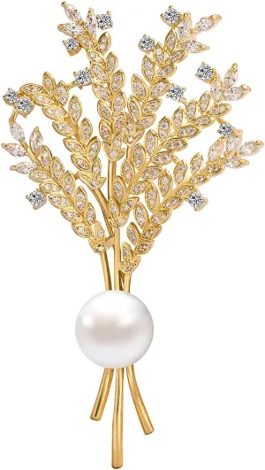 Dainty Wheat Brooch Pins for Women Shiny Zircon Imitation Pearl Brooches for Suit Coat