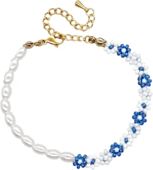 Daisy Bracelet Daisy Flowers Imitation Pearl Bracelets Stainless Steel Chain Adjustable Charm Bracelet for Women Jewelry Gift-A21