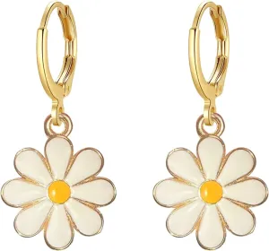 Daisy Huggie Hoop Earrings for Women Flower Dangle Drop Earrings Hypoallergenic Cute Sunflower Jewelry Gifts White Hot Pink Yellow Black Blue