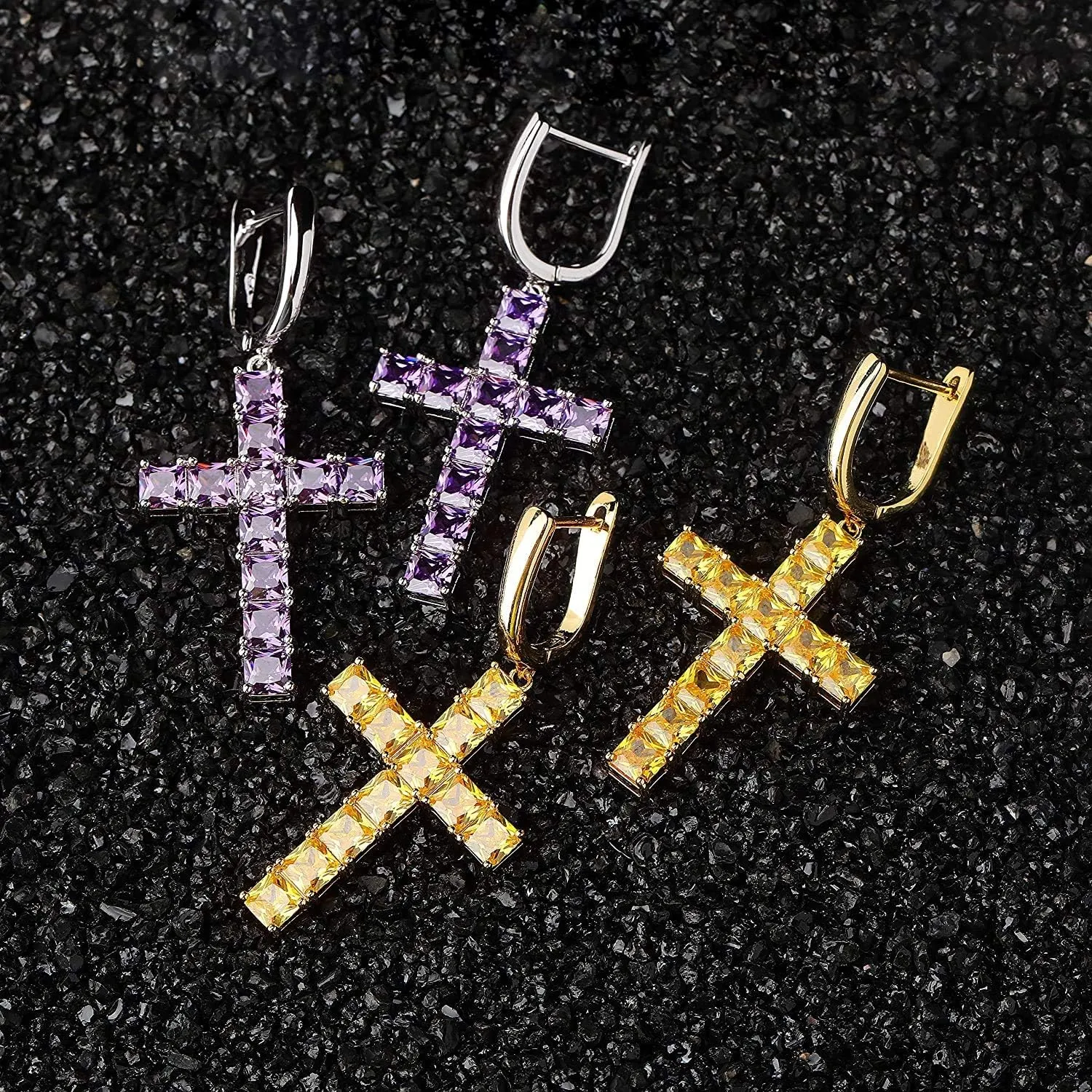 Dangle Cross Huggie Hinged Hoop Earrings for Men Women Iced out Princess Diamond 18K Gold Plated
