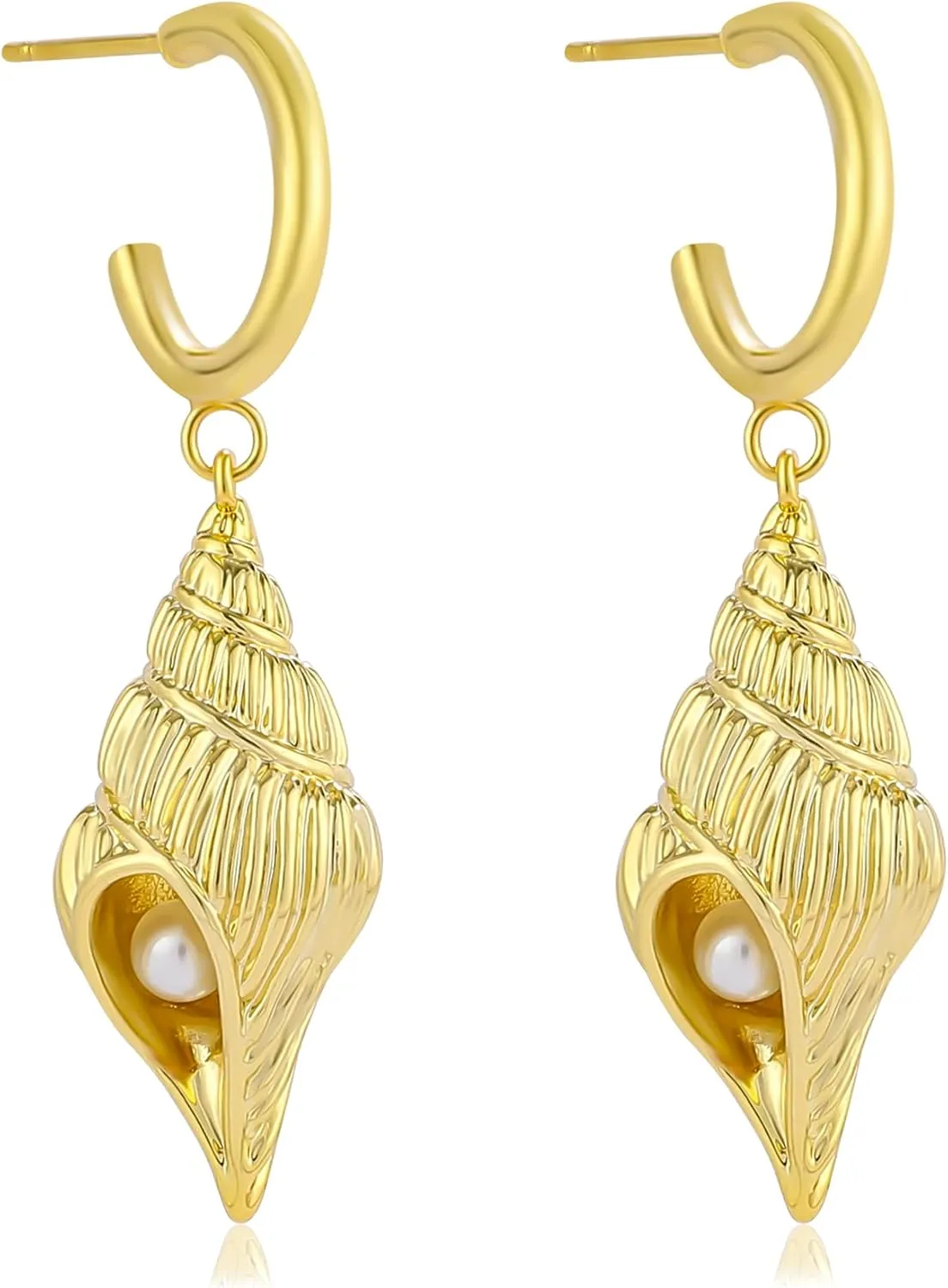 Dangle Gold Conch Shell Earrings for Women with Pearl 14K Gold Plated Pearl Textured Whelk Seashell Hoop Earrings Drop Simulated Sea Shell Pendant Ocean Summer Vacation Beach Jewelry Gifts for Women