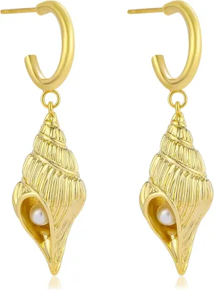 Dangle Gold Conch Shell Earrings for Women with Pearl 14K Gold Plated Pearl Textured Whelk Seashell Hoop Earrings Drop Simulated Sea Shell Pendant Ocean Summer Vacation Beach Jewelry Gifts for Women