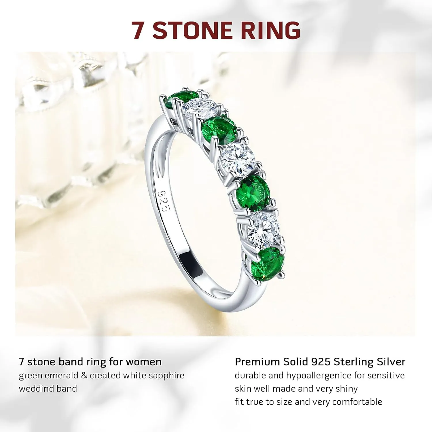 DAYBYDAY 925 Sterling Silver Birthstone Rings for Women White Sapphire Created Gemstone Wedding Band Stackable Half Eternity 7 Stone Anniversary Ring Wife Mom Grandma Birthday Jewelry Size 6-10