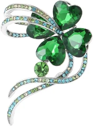 Delicate Four Leaf Clover Green Austrian Crystal Brooch Lapel Pins for Women Girls Fashion Beautiful Heart Shaped CZ Lucky Flower Ribbon Shamrock Brooches Dress Clothes Accessories Jewelry Gifts 2.2in