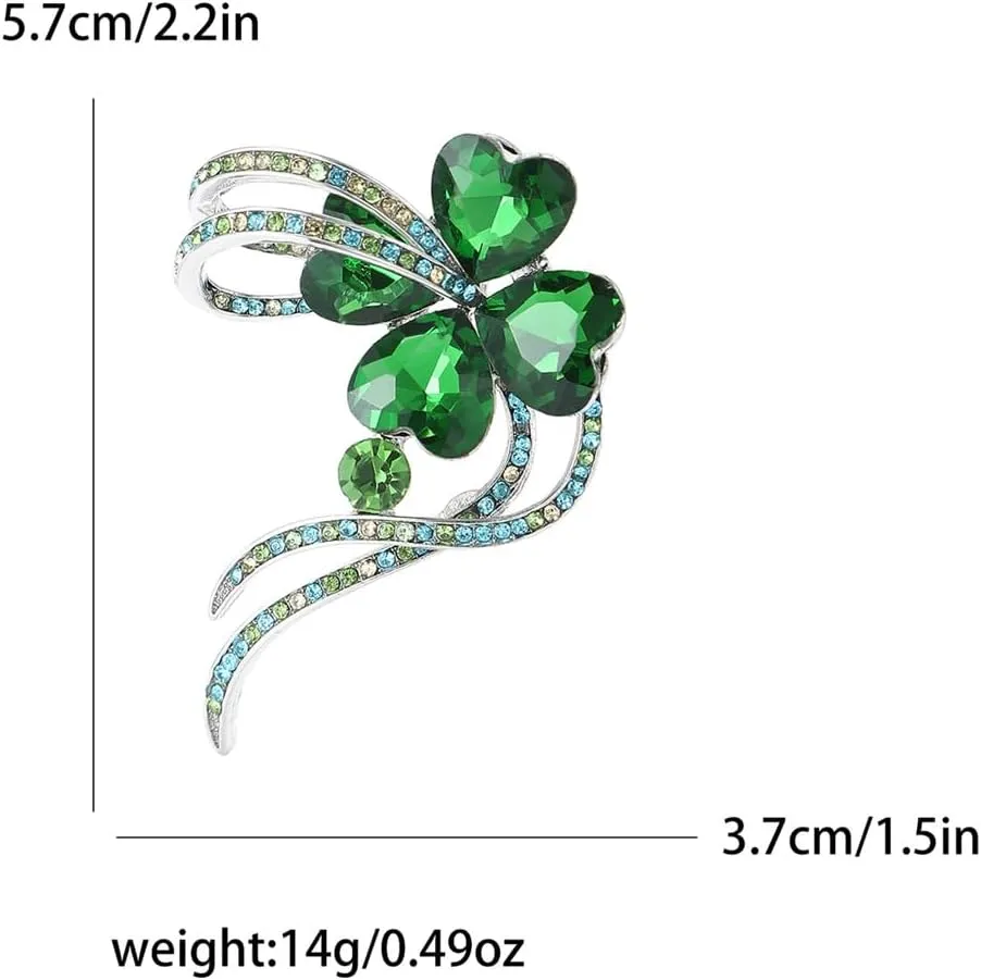 Delicate Four Leaf Clover Green Austrian Crystal Brooch Lapel Pins for Women Girls Fashion Beautiful Heart Shaped CZ Lucky Flower Ribbon Shamrock Brooches Dress Clothes Accessories Jewelry Gifts 2.2in