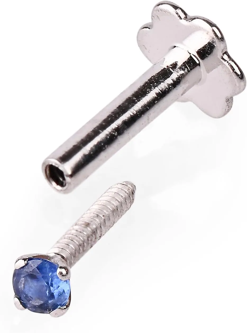 Demira Gorgeous & Sparkling Blue Sapphire Nose Stud in 14K White Gold Nose Ring Stud Internally Threaded 6MM Screw Back Sizes