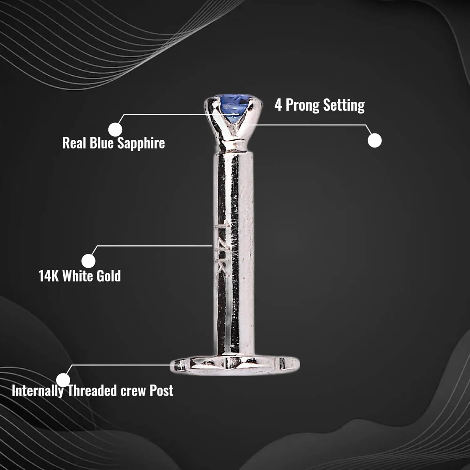 Demira Gorgeous & Sparkling Blue Sapphire Nose Stud in 14K White Gold Nose Ring Stud Internally Threaded 6MM Screw Back Sizes