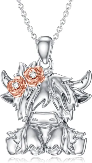 Diamond Highland Cow Necklace 925 Sterling Silver Highland Cow and Flower Pendant Jewelry Gifts for Women