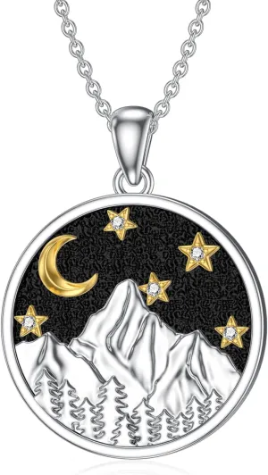 Diamond Mountain Necklace 925 Sterling Silver Moon and Star Mountain Pendant Jewelry Gifts for Hikers, Climbers and Nature Lover