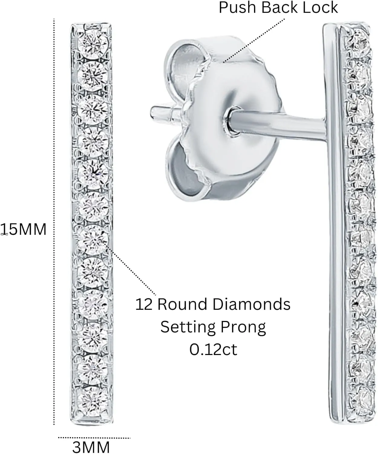 Diamond Straight Stud Earrings  10K and 14K Gold Long Lash Ear Climbers, Vertical Bar Diamond Row Earrings, Minimalist Jewelry, Elegant Gift for Her