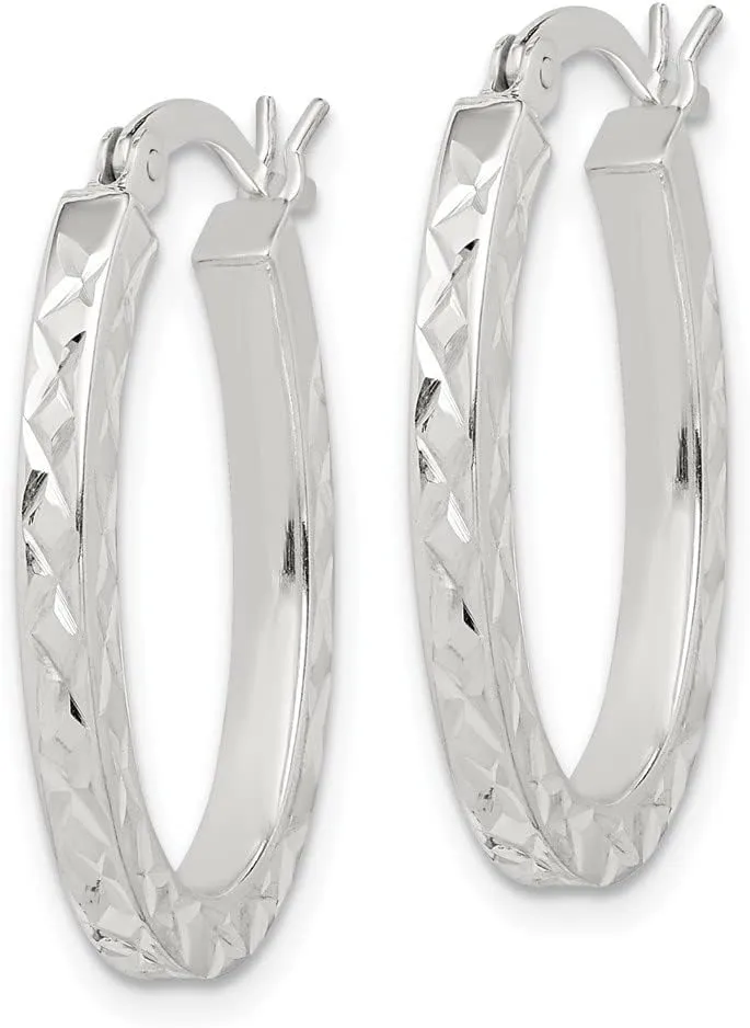 Diamond2Deal Sterling Silver Diamond-cut Oval Hoop Earrings (Length 1.2 in, Width 0.8 in)