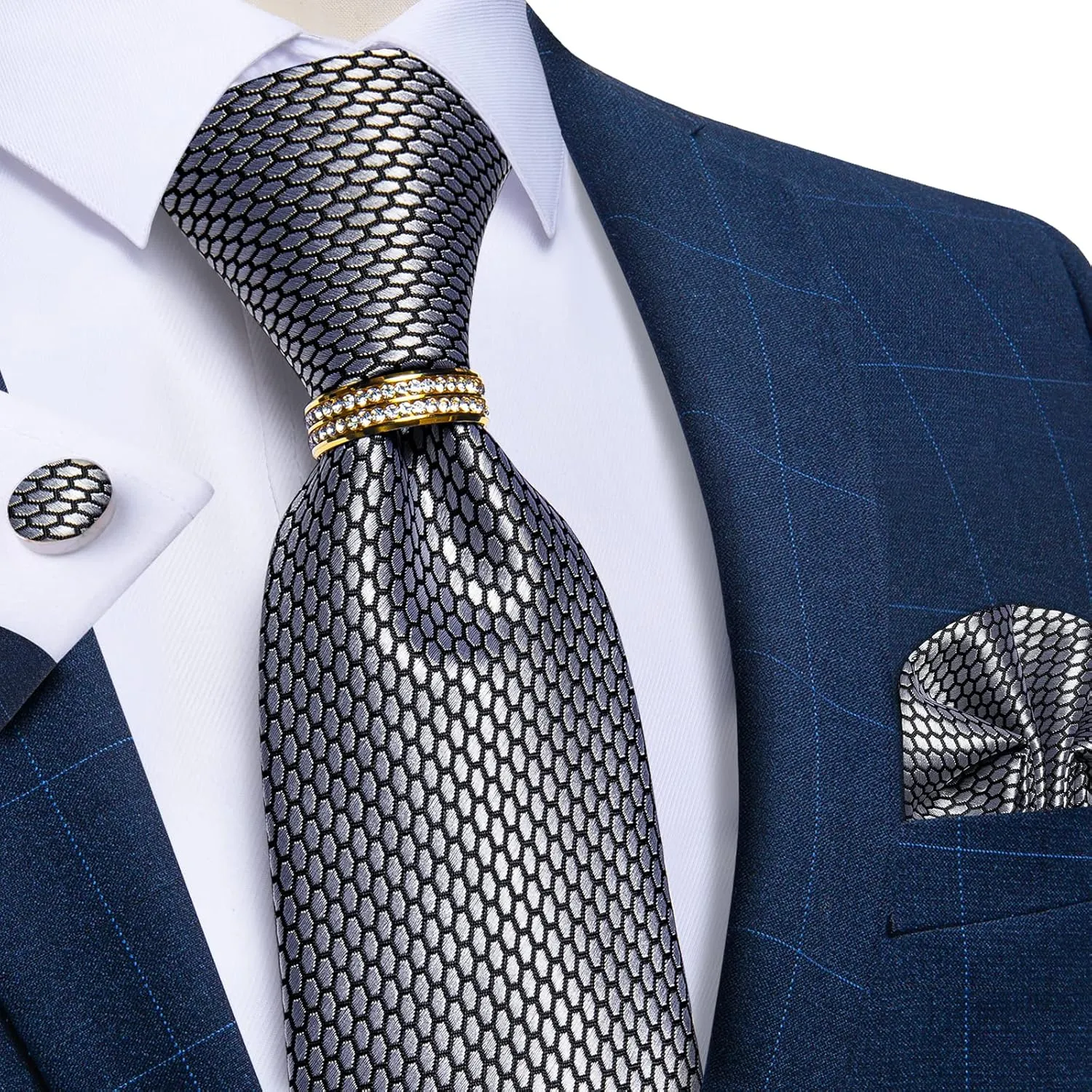 DiBanGu Men's Solid Color Tie Set Silk Woven Wedding Necktie and Pocket Square Cufflinks Set with Tie Ring for Tuxedo or Suit