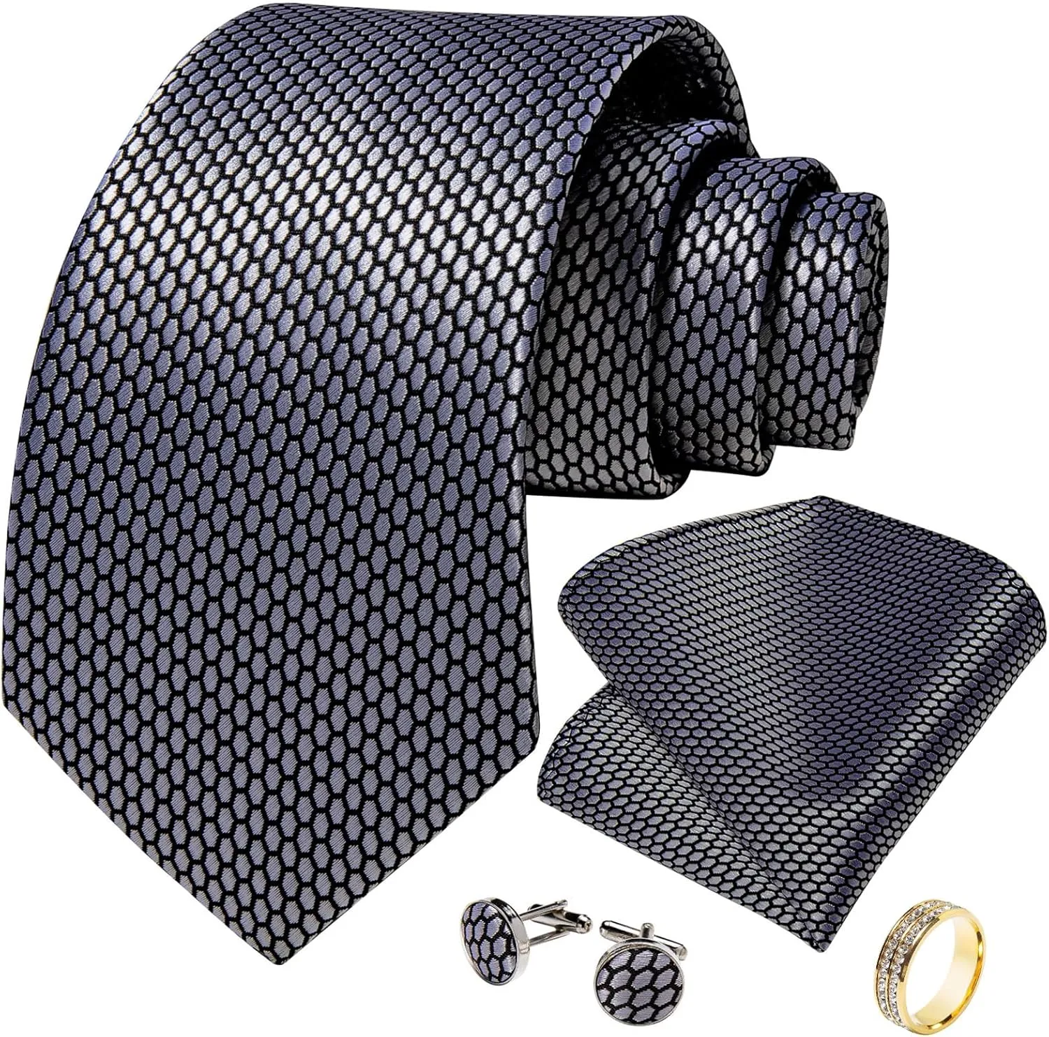 DiBanGu Men's Solid Color Tie Set Silk Woven Wedding Necktie and Pocket Square Cufflinks Set with Tie Ring for Tuxedo or Suit