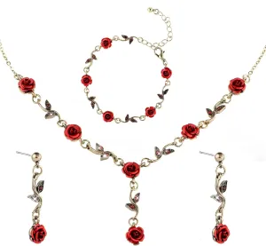 DIVINA VITAE 3Pcs Red Rose Jewelry Set - Flower Pendant Necklace, Bracelet, Dangle Earrings for Women's Wedding, Prom, Valentine's Day, Birthday Party