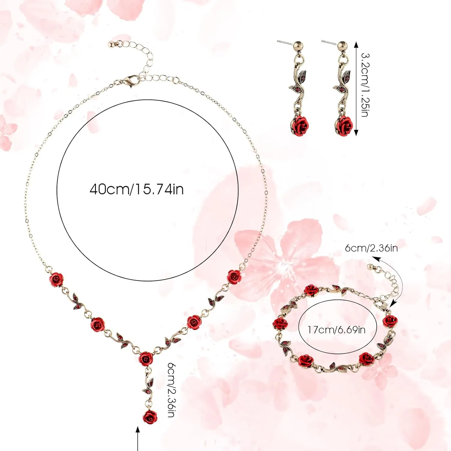 DIVINA VITAE 3Pcs Red Rose Jewelry Set - Flower Pendant Necklace, Bracelet, Dangle Earrings for Women's Wedding, Prom, Valentine's Day, Birthday Party